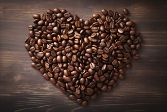 A heart shape made of rich, dark coffee beans sits atop a rustic wooden background, symbolizing a