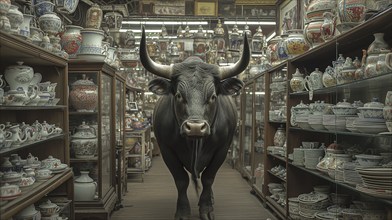 Very large bull with horns in a China shop filled with glassware. generative AI, AI generated