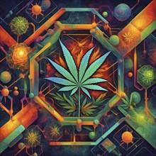 Abstract painting of chemical structure of thc and cbd interlocking geometric shapes, AI generated