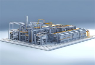 Three dimensional rendering of a model of a modern factory, AI generated