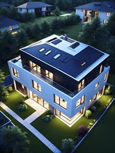 Three dimensional rendering of an illuminated modern ecological real estate residential house, AI