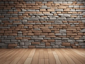 Three dimensional rendering of natural stone wall and wooden floor, AI generated