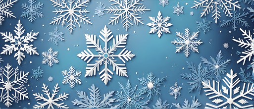 Abstract pattern of snowflakes in varying sizes and shapes in soft white and blue gradients, AI