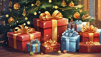 Abstract illustration of wrapped Christmas gifts, shiny ribbons and bows, stacked under a evergreen