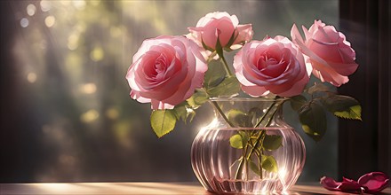 Transparent crystal glass vase with pink blooming roses, AI generated