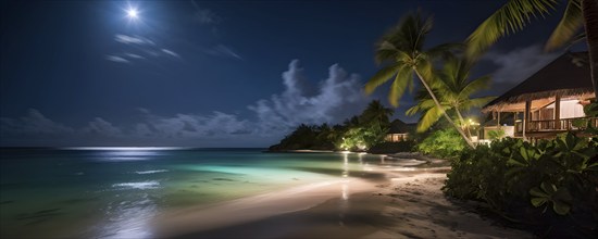 Real estate beach resort at the Caribbean coast at night, AI generated