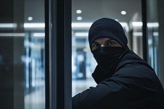 Bank robber with face hidden behind ski mask. Generative Ai, AI generated