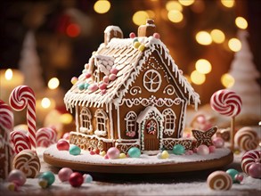 Gingerbread house decorations, focusing on the intricate icing details, colorful candy, and soft,