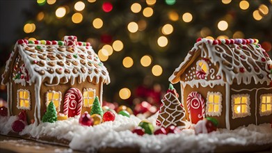 Gingerbread house decorations, focusing on the intricate icing details, colorful candy, and soft,