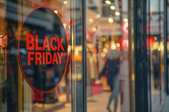 Round black advertisement sign with red text 'Black Friday' in shopping window. Generative AI, AI