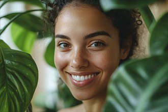 Young woman between leaves of tropical houseplants. Generative Ai, AI generated