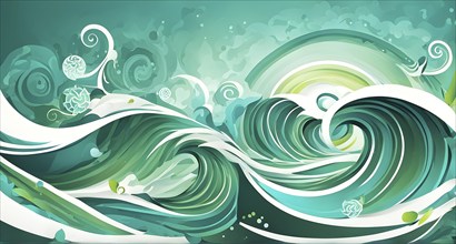 Illustration of swirling ocean waves and recycling symbols to represent clean oceans and