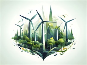 Abstract illustration of a forest with tall, geometric trees made of wind turbine blades, merging