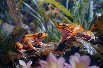 Two tomato frogs on leaves, Madagascar, AI generated, Africa