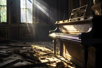 Weathered piano in deserted mansion, AI generated