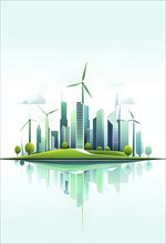 Abstract visual illustration of a city skyline where buildings morph into wind turbines and trees,