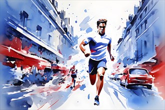 Marathon 2024 olympic runners in abstract dynamic shapes french tricolor blue white red, AI