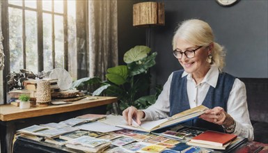 An elderly woman with glasses is reading a book and has many pictures spread out on the table in