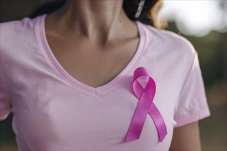 Pink breast cancer awareness ribbon attached to woman's shirt. KI generiert, generiert, AI