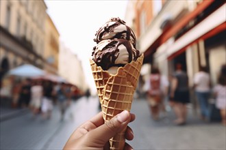 Hand holding vanilla ice cream with chocolate sauce in cone with blurry city in background. KI