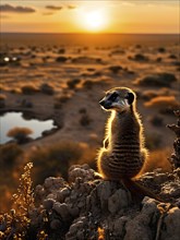 Meerkat silhouetted against the setting sun standing atop a termite mound in the kalahar desert, AI