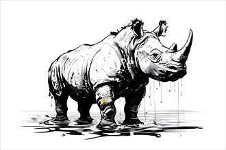 Black and white line art rhino, AI generated