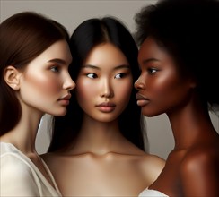 A portrait of three woman of different ethnicities, one European, one Asian and one African, AI