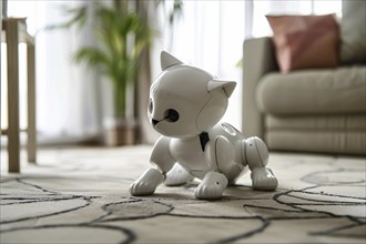 White robotic cat on living room floor. KI generiert, generiert, AI generated