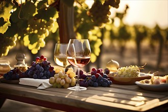 AI generated wine tasting table setup with wine and vine grapes nestled subtly amidst a thriving