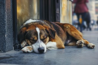 Stray dog sleeping on street. Generative AI, AI generated