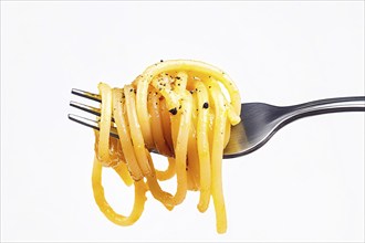 Spaghetti pasta on fork on white background. Generative Ai, AI generated