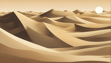 Abstract desert scene with triangular sand dunes and a single circular sun, using sharp lines and