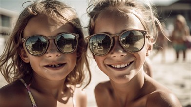 Two young girlfriends posing wearing sunglasses having fun on the beach, generatvie AI, AI