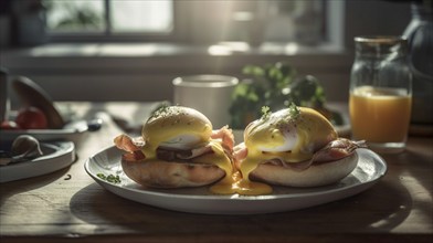 Delicious fresh eggs benedict breakast plate on table, generative AI, AI generated