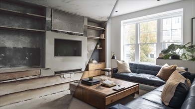 Custom living room upgrade interior before and after construction, generative AI, AI generated