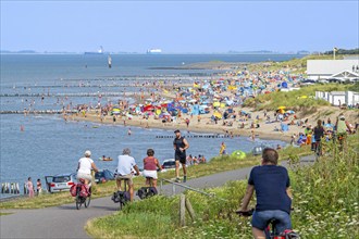 Cyclists and tourists swimming and sunbathing on beach along the Westerschelde at Breskens on a hot