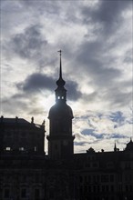 Rainy weather in Dresden's old town. The steep winter sun emphasises the silhouettes of the