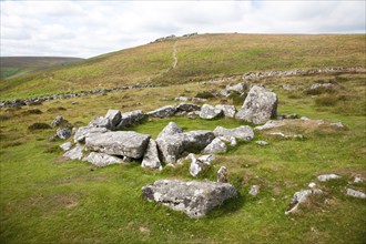 Ruins of stone hut circle in the Neolithic enlcosed area of Grimspound, Dartmoor national park,