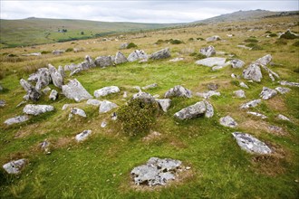 Stone hut circle at the Merrivale ceremonial complex Dartmoor national park, Devon, England, UK