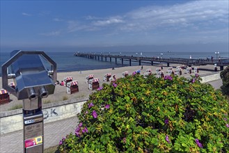 Pier and beach of Kühlungsborn, on the left a coin telescope, Mecklenburg-Vorpommern, Germany,