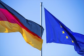 German and European flags against a blue sky