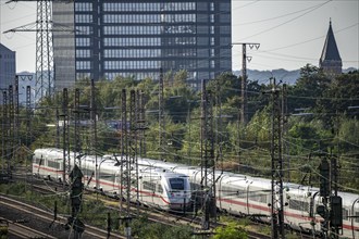 Railway tracks in front of Essen main station, ICE 2 train and ICE 4, in front, on the tracks,