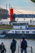 Flood on the Rhine near Duisburg, freighter in the Vincke Canal, Neuenkamp Rhine Bridge, old and