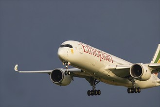 Aircraft approaching Zurich Airport. Registration: ET-ATY, Airbus A350-941, Ethiopian Airlines.