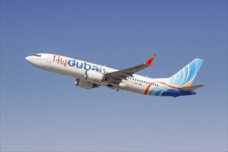 A Boeing 737 MAX 8 aircraft of FlyDubai with the registration A6-FMC at the airport in Dubai,