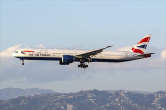 A British Airways Boeing 777-300 (ER) aircraft with the registration G-STBH at Los Angeles Airport,