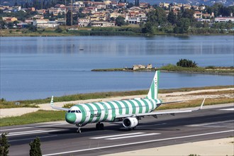 A Condor Airbus A321 aircraft with the registration D-ATCB at Corfu Airport, Greece, Europe