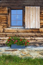 Lovingly decorated mountain hut, wooden hut, alpine hut, picturesque, flowers, window, house wall,