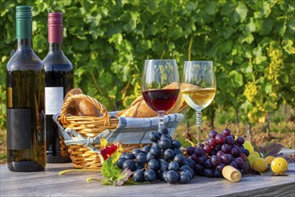 Symbolic image: Ripe grapes decorated with wine glasses on a wooden table