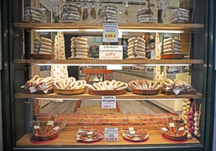 Castilian sausages for sale in shop windows, Castile and Leon, Spain, Europe